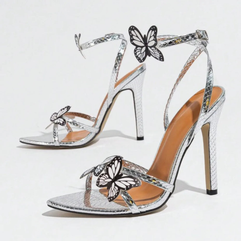 Ladies Pointed Butterfly Decorative Crossover With Ankle Strap Stiletto Silver Heels Ultra High Heel Chaussures Femmes Élégantes