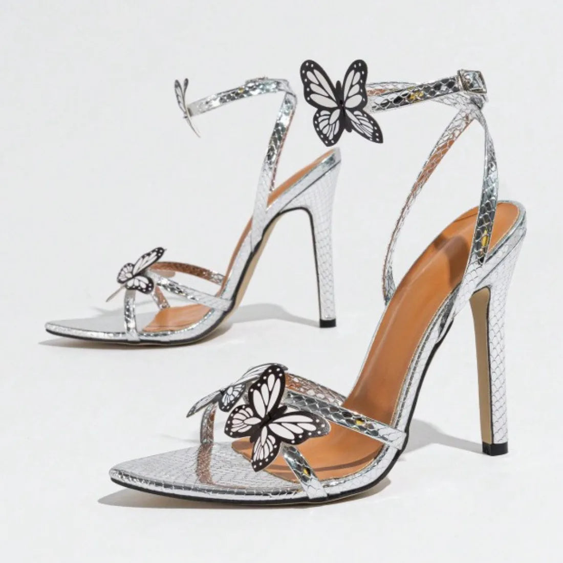 Ladies Pointed Butterfly Decorative Crossover With Ankle Strap Stiletto Silver Heels Ultra High Heel Chaussures Femmes Élégantes