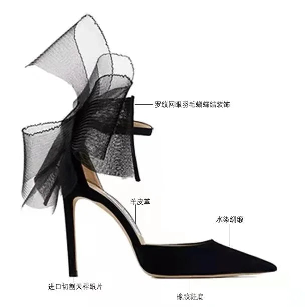 Summer Pointed Lace Bow Closed Toe Stilettos Sandals Women Luxury Runway Party Evening Banquet Shoes Chaussures Femmes Élégantes