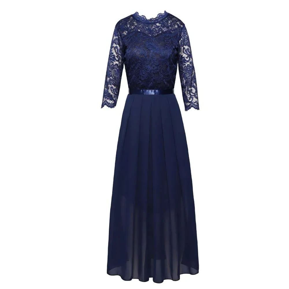 Elegant 3/4 Sleeve Lace Evening Gown - Formal A-Line Chiffon Wedding Guest Maxi Mother of the Bride Dress
