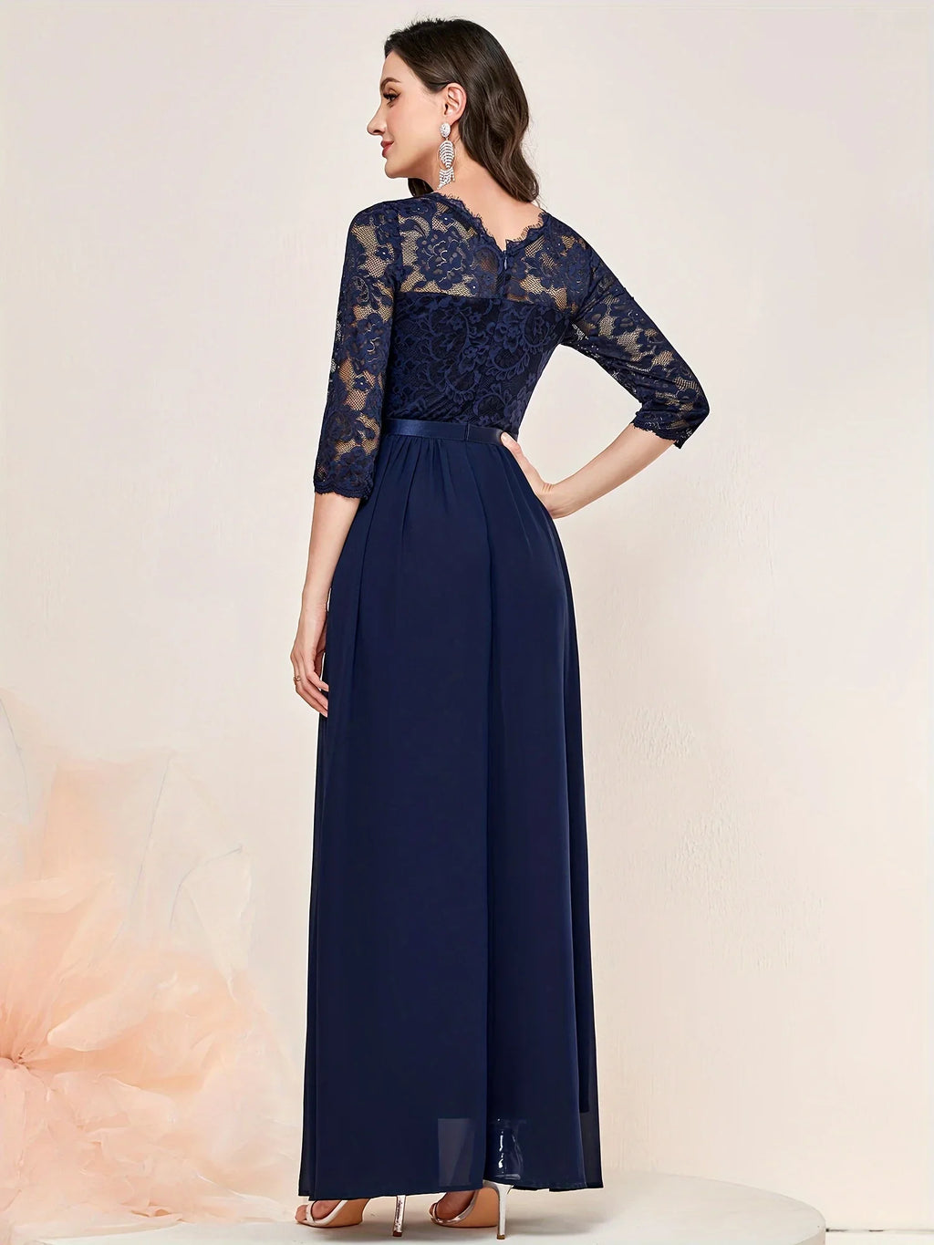 Elegant 3/4 Sleeve Lace Evening Gown - Formal A-Line Chiffon Wedding Guest Maxi Mother of the Bride Dress