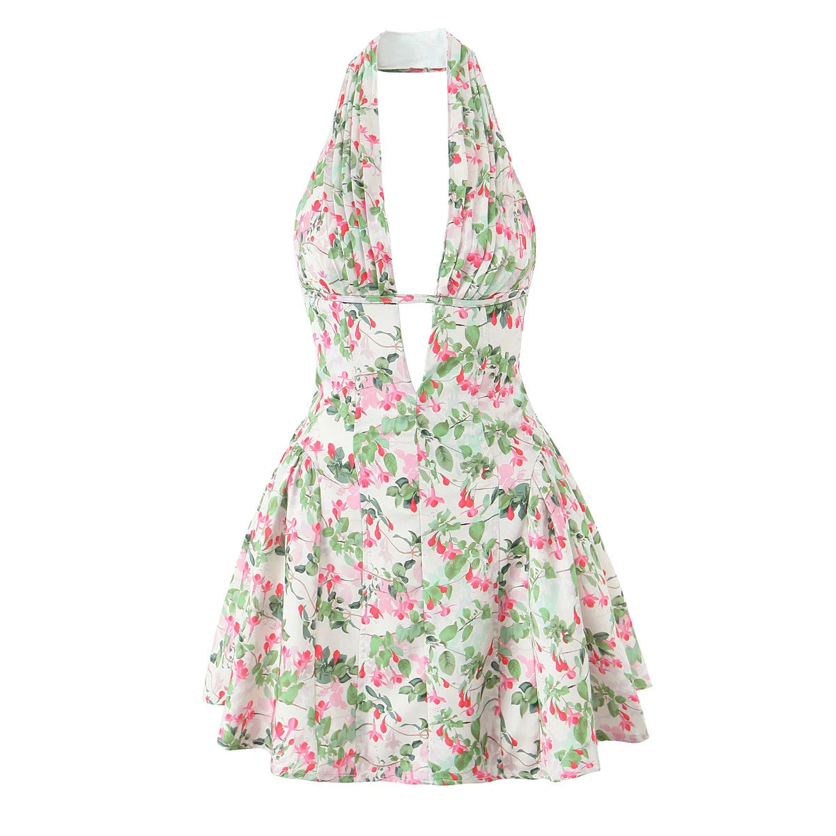 YENKYE Vestido retro de lunares estilo francés con cuello halter en V profundo para mujer, sexy sin espalda, corte A, ajustado, dulce, elegante, minivestidos de verano
