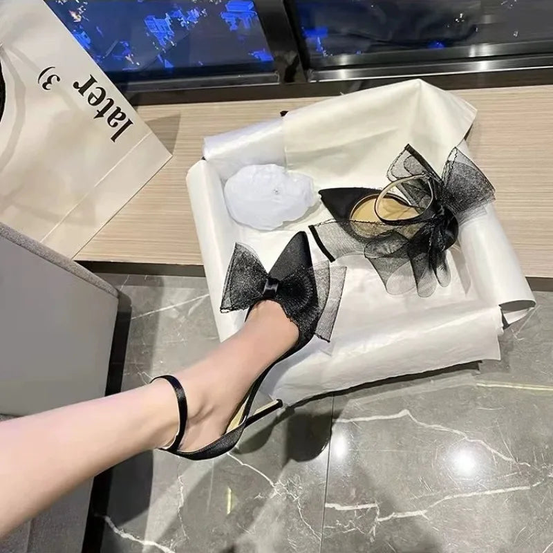 Summer Pointed Lace Bow Closed Toe Stilettos Sandals Women Luxury Runway Party Evening Banquet Shoes Chaussures Femmes Élégantes