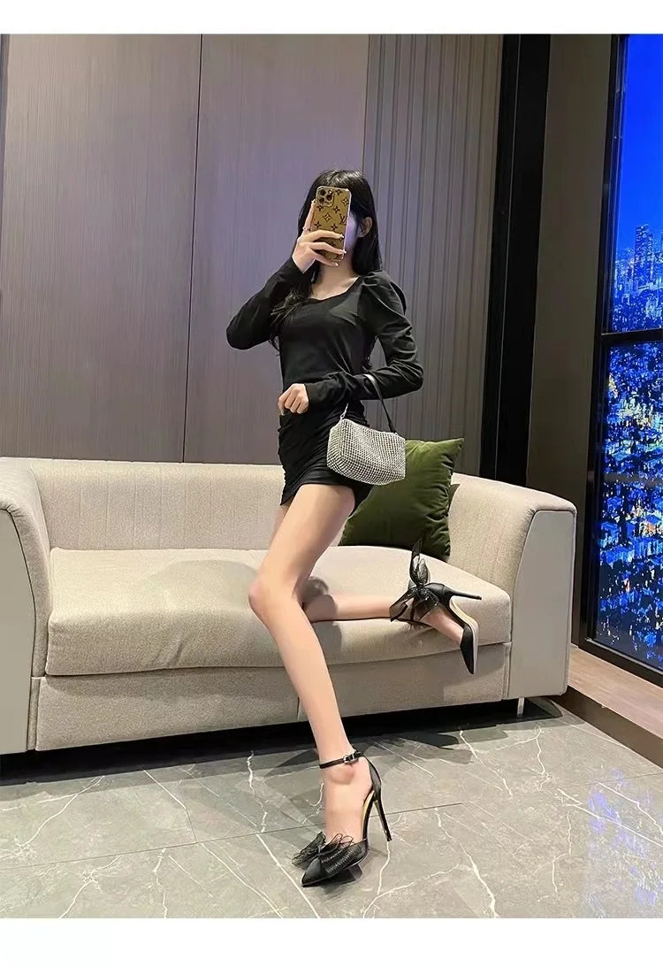 Summer Pointed Lace Bow Closed Toe Stilettos Sandals Women Luxury Runway Party Evening Banquet Shoes Chaussures Femmes Élégantes