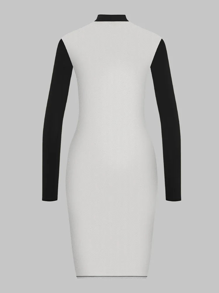 Vestido midi ajustado de verano para mujer, sexy, con inserciones de malla transparente, manga larga, cuello alto, negro, bodycon, para fiesta