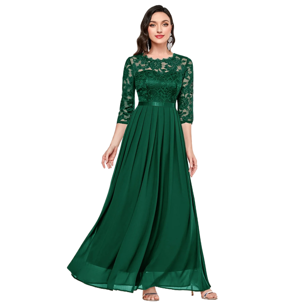 Elegant 3/4 Sleeve Lace Evening Gown - Formal A-Line Chiffon Wedding Guest Maxi Mother of the Bride Dress