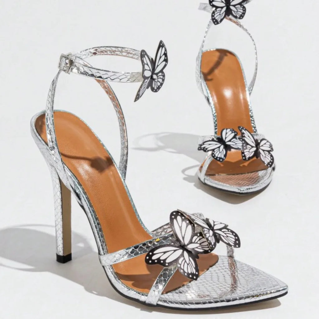 Ladies Pointed Butterfly Decorative Crossover With Ankle Strap Stiletto Silver Heels Ultra High Heel Chaussures Femmes Élégantes