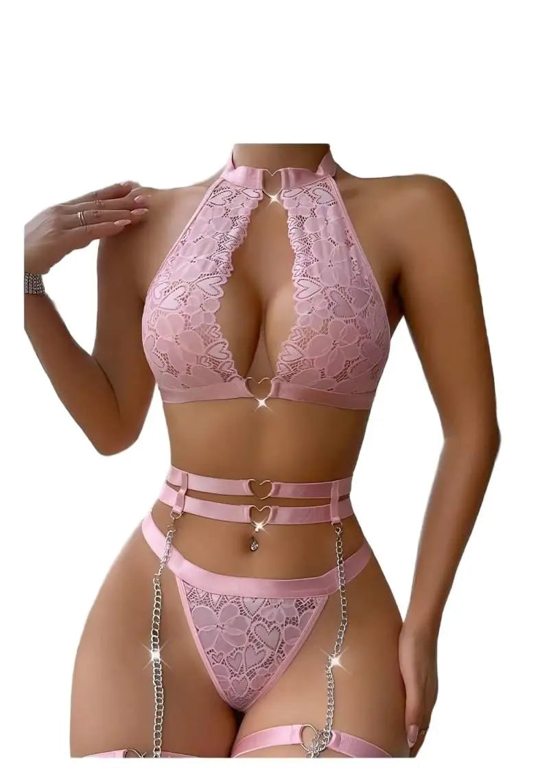 Sexy Lingerie Set Push Up Lace Garter Lingerie Set with Choker Women Intimates Underwire Bra and Thongs Ladies Underwear Set