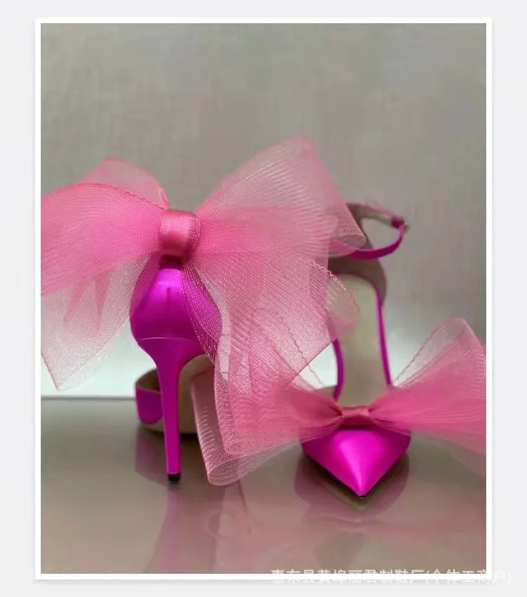Summer Pointed Lace Bow Closed Toe Stilettos Sandals Women Luxury Runway Party Evening Banquet Shoes Chaussures Femmes Élégantes