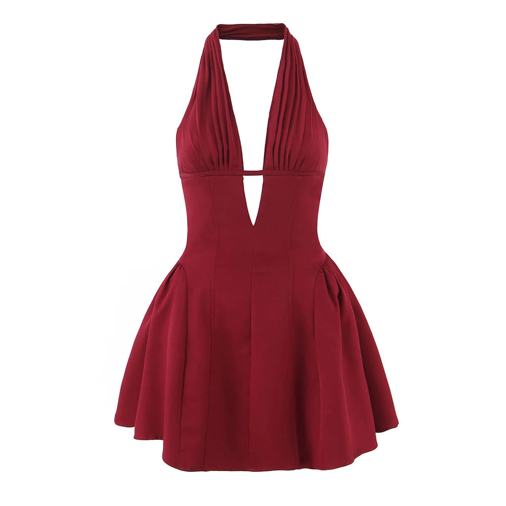 YENKYE Vestido retro de lunares estilo francés con cuello halter en V profundo para mujer, sexy sin espalda, corte A, ajustado, dulce, elegante, minivestidos de verano