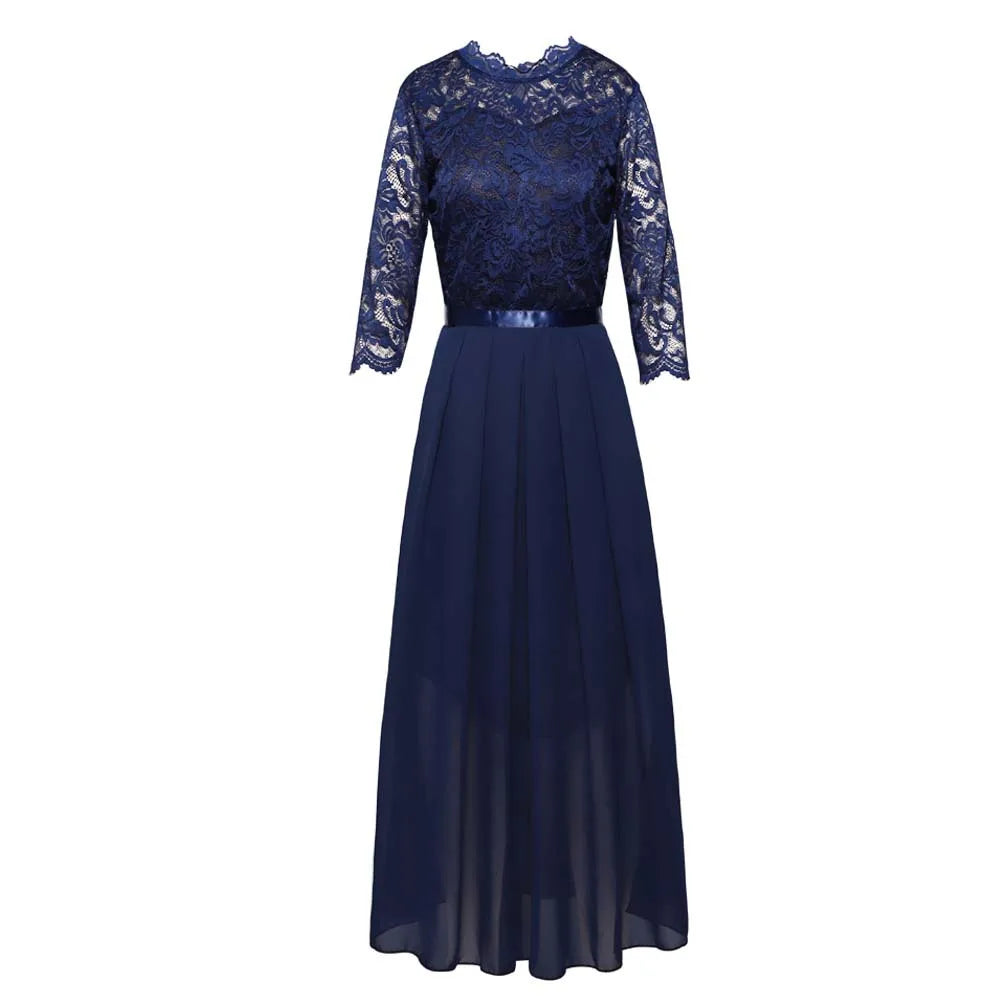 Elegant 3/4 Sleeve Lace Evening Gown - Formal A-Line Chiffon Wedding Guest Maxi Mother of the Bride Dress
