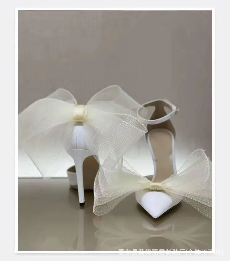 Summer Pointed Lace Bow Closed Toe Stilettos Sandals Women Luxury Runway Party Evening Banquet Shoes Chaussures Femmes Élégantes