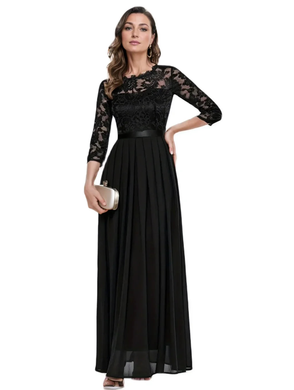 Elegant 3/4 Sleeve Lace Evening Gown - Formal A-Line Chiffon Wedding Guest Maxi Mother of the Bride Dress