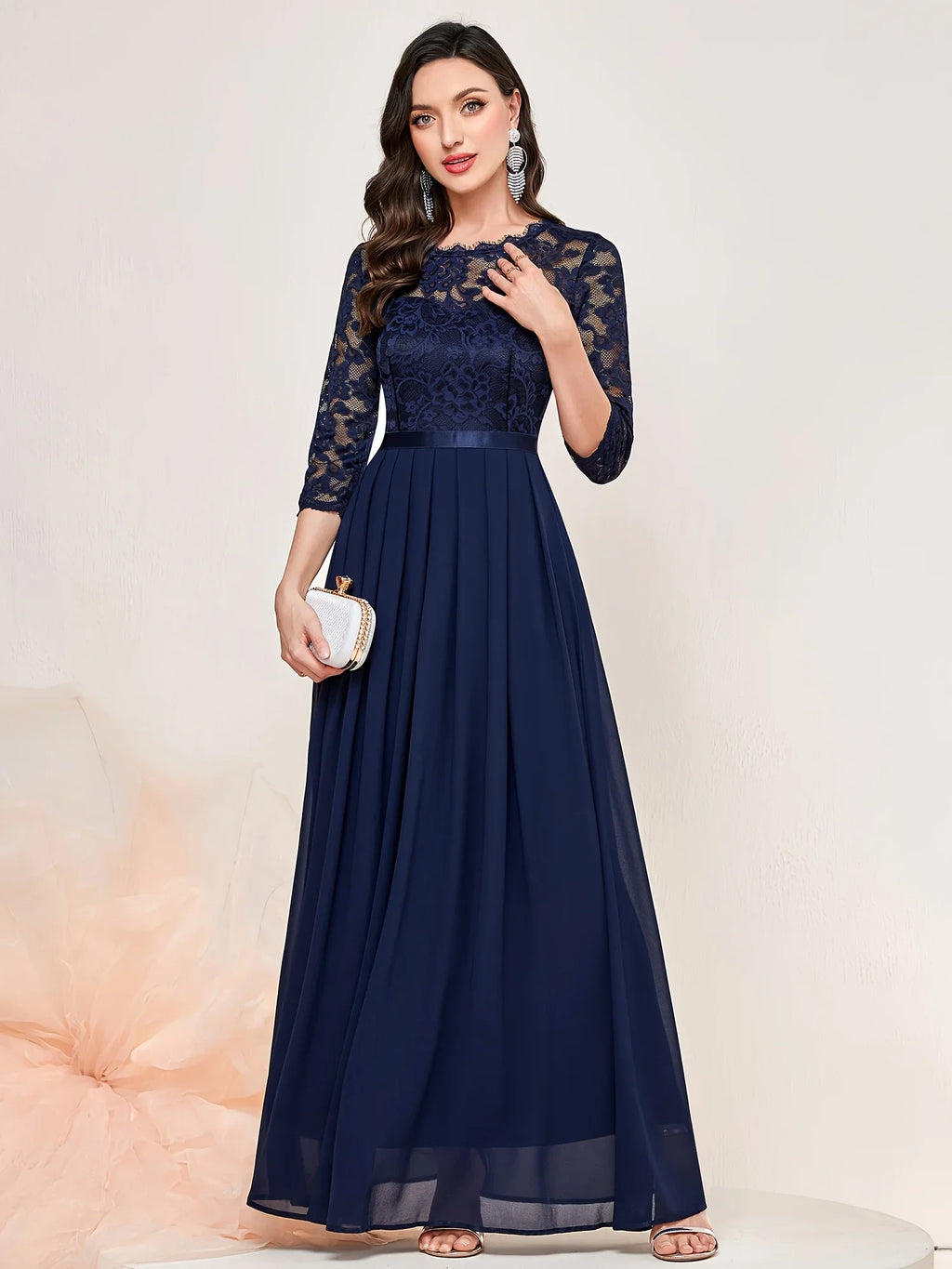 Elegant 3/4 Sleeve Lace Evening Gown - Formal A-Line Chiffon Wedding Guest Maxi Mother of the Bride Dress