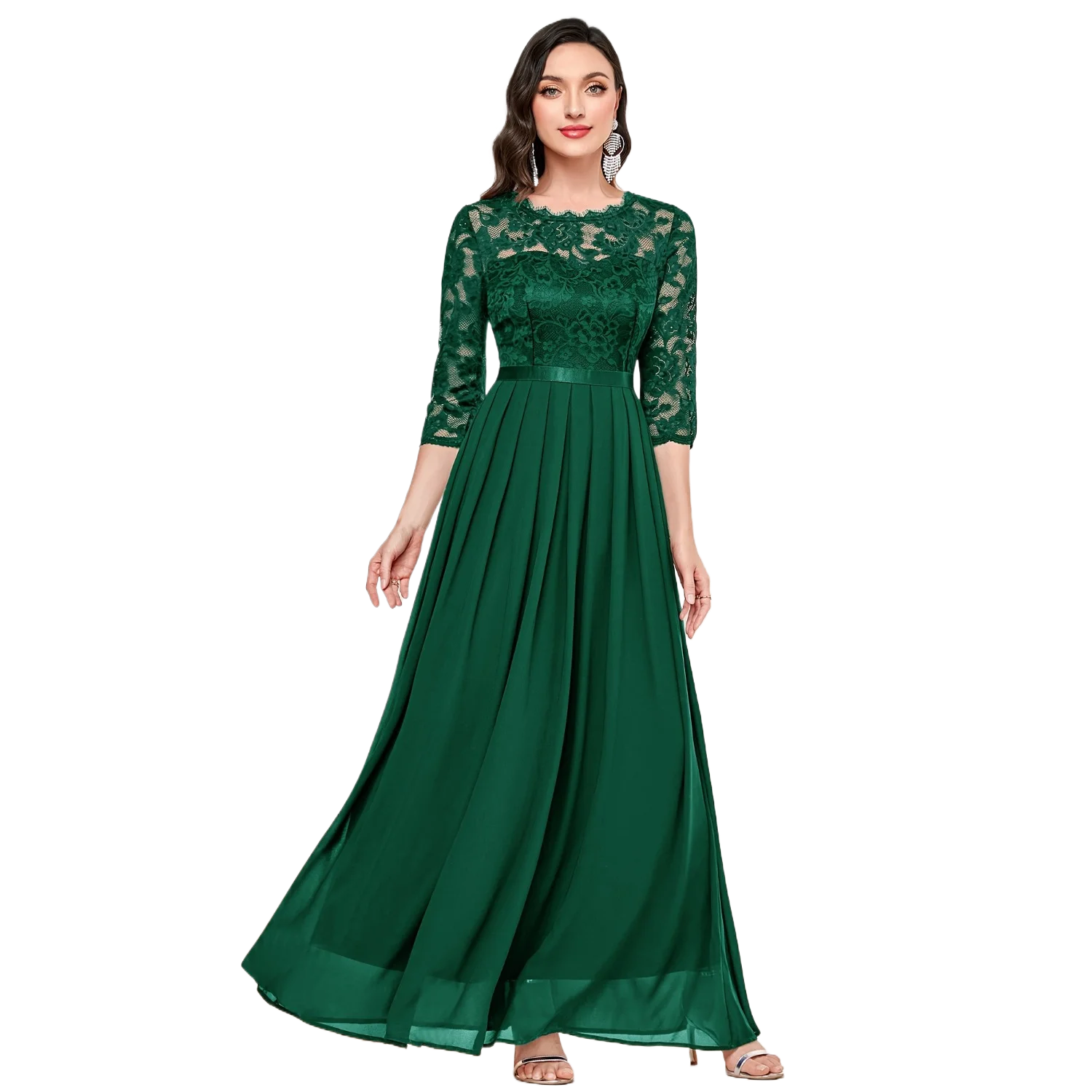 Elegant 3/4 Sleeve Lace Evening Gown - Formal A-Line Chiffon Wedding Guest Maxi Mother of the Bride Dress