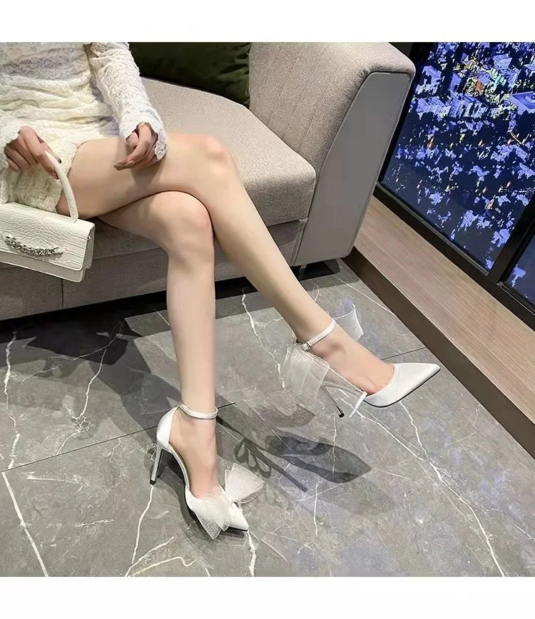 Summer Pointed Lace Bow Closed Toe Stilettos Sandals Women Luxury Runway Party Evening Banquet Shoes Chaussures Femmes Élégantes
