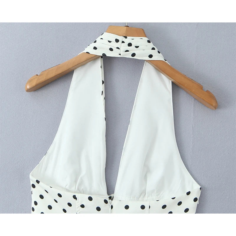 YENKYE Vestido retro de lunares estilo francés con cuello halter en V profundo para mujer, sexy sin espalda, corte A, ajustado, dulce, elegante, minivestidos de verano