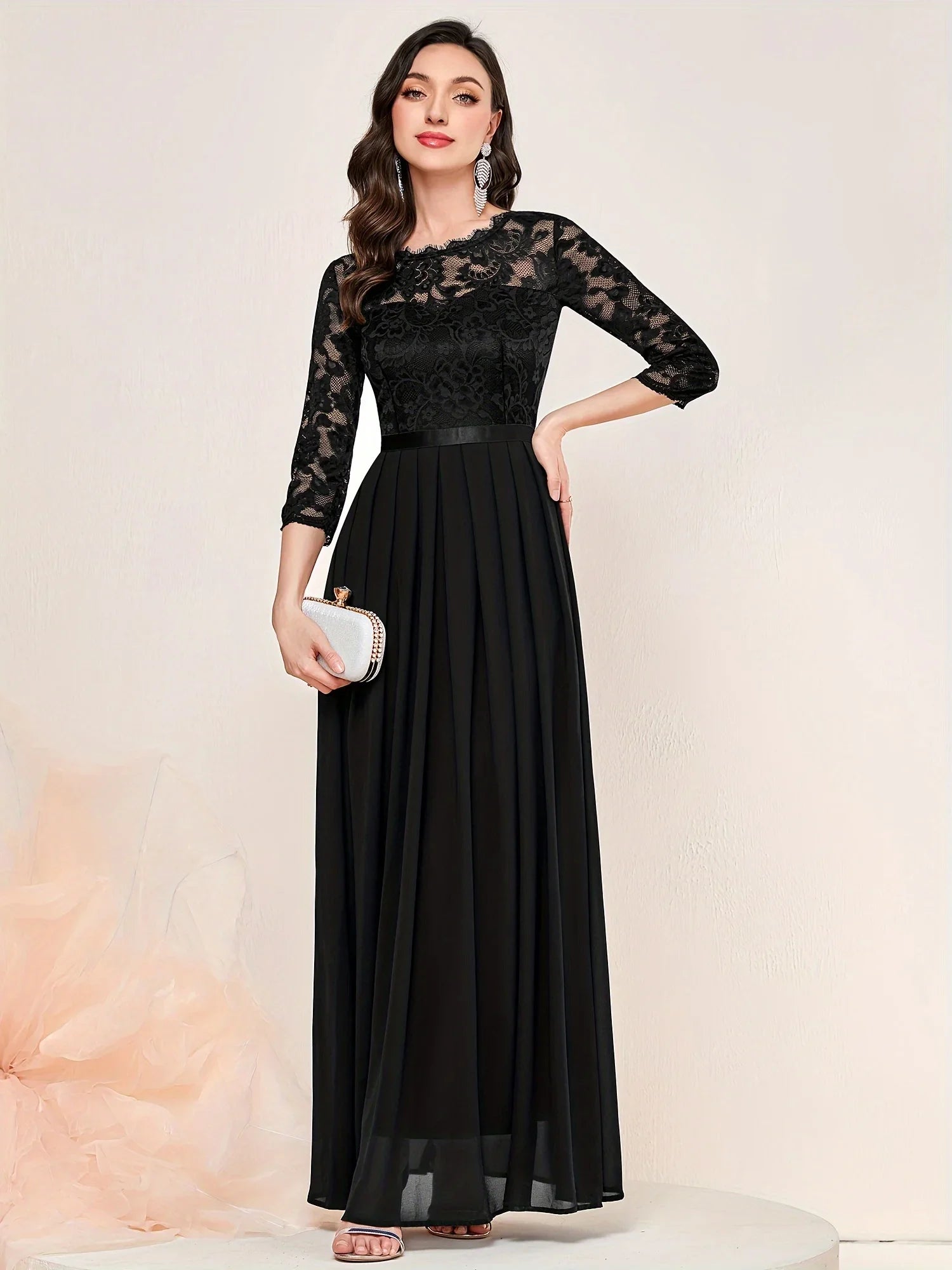 Elegant 3/4 Sleeve Lace Evening Gown - Formal A-Line Chiffon Wedding Guest Maxi Mother of the Bride Dress