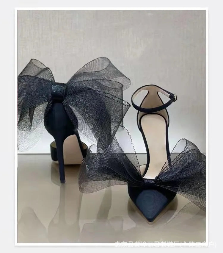 Summer Pointed Lace Bow Closed Toe Stilettos Sandals Women Luxury Runway Party Evening Banquet Shoes Chaussures Femmes Élégantes