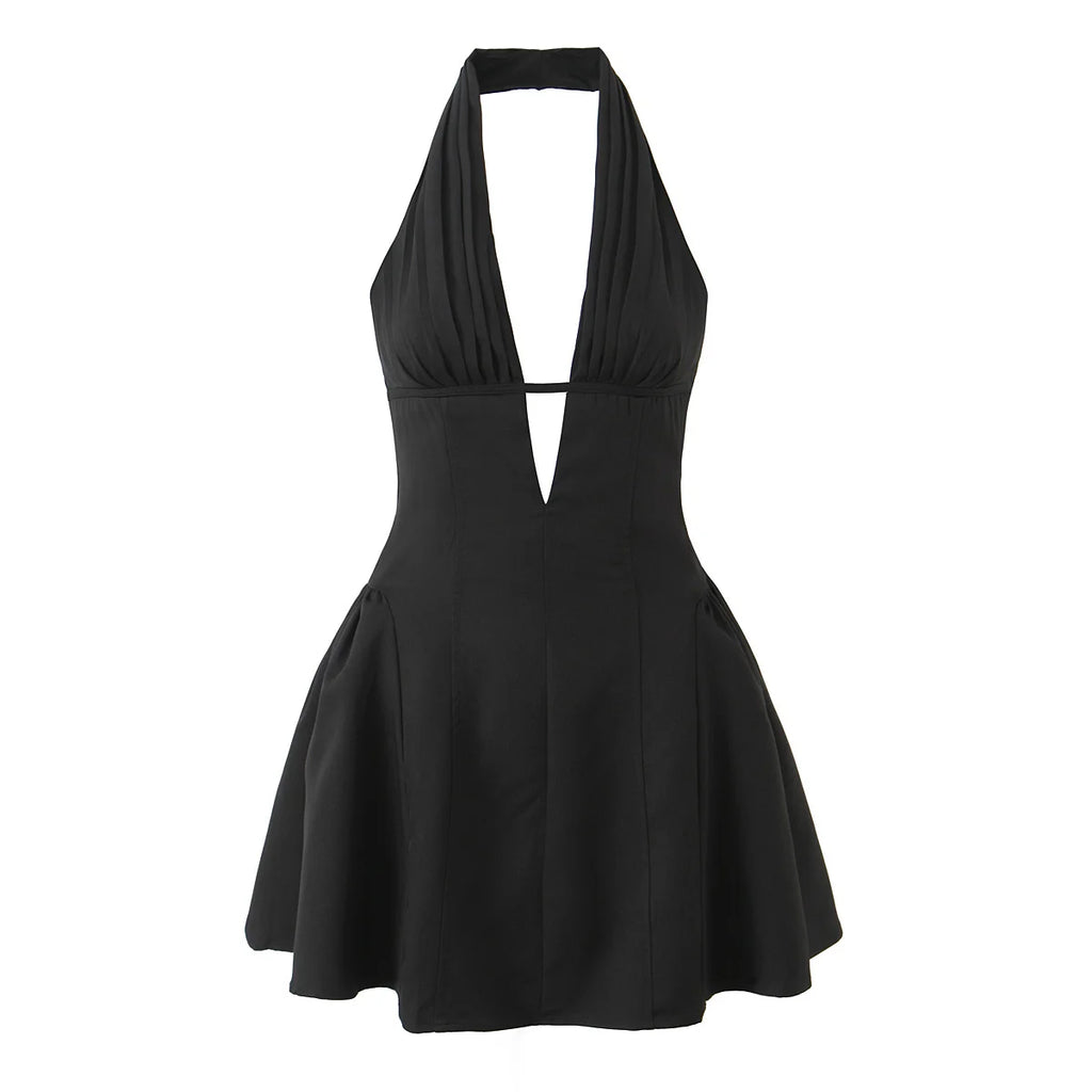 YENKYE Vestido retro de lunares estilo francés con cuello halter en V profundo para mujer, sexy sin espalda, corte A, ajustado, dulce, elegante, minivestidos de verano
