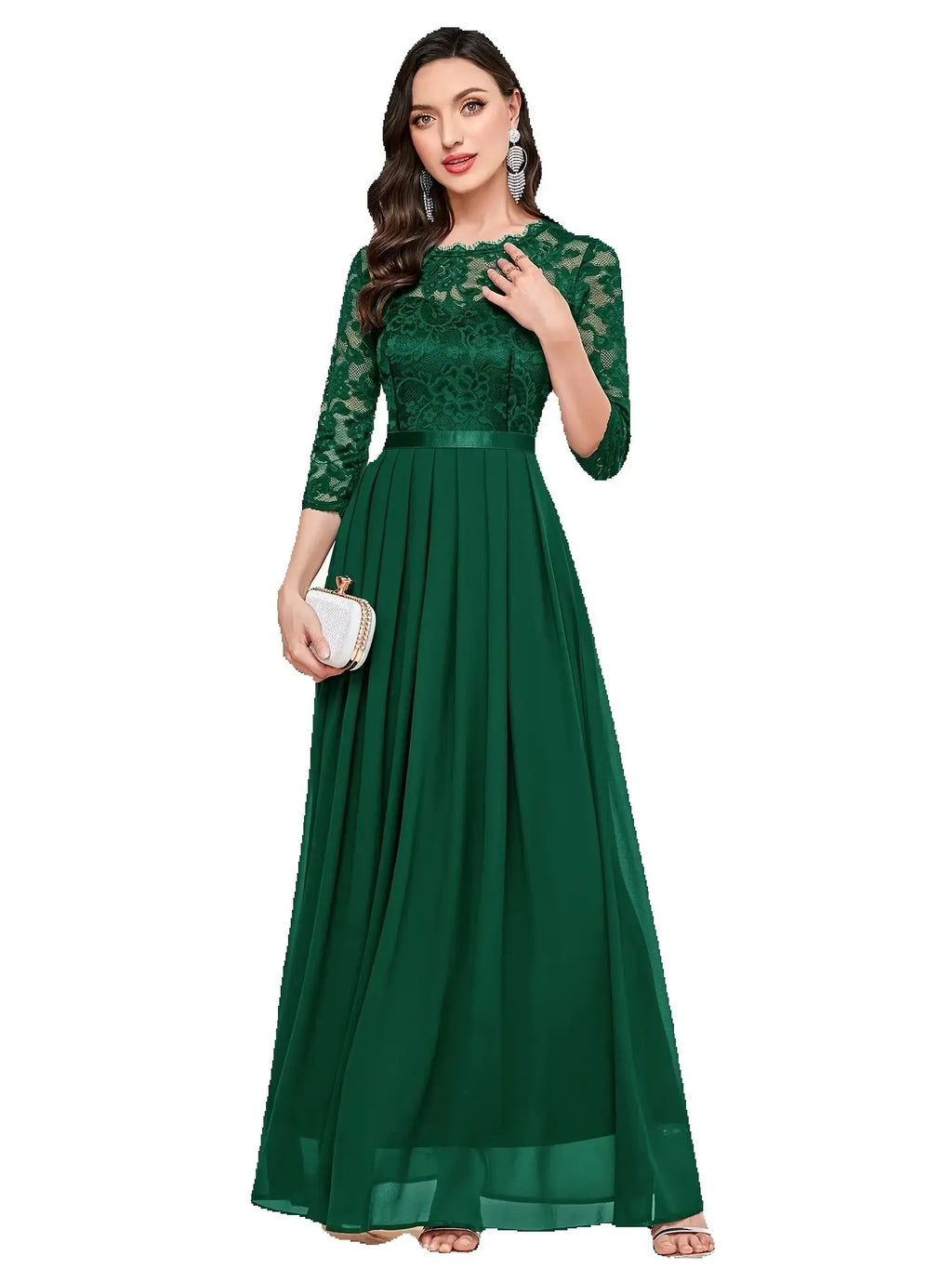 Elegant 3/4 Sleeve Lace Evening Gown - Formal A-Line Chiffon Wedding Guest Maxi Mother of the Bride Dress