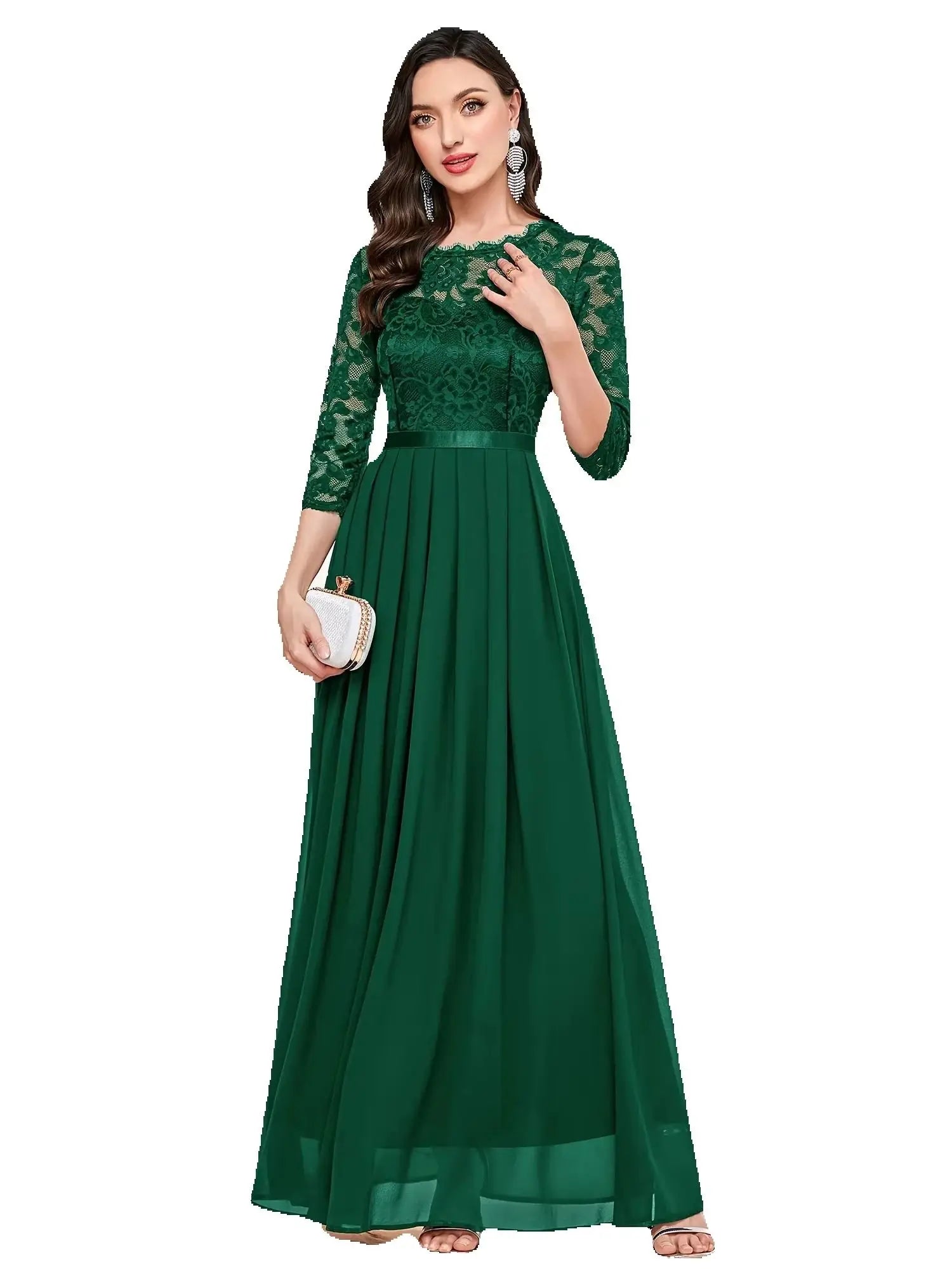 Elegant 3/4 Sleeve Lace Evening Gown - Formal A-Line Chiffon Wedding Guest Maxi Mother of the Bride Dress