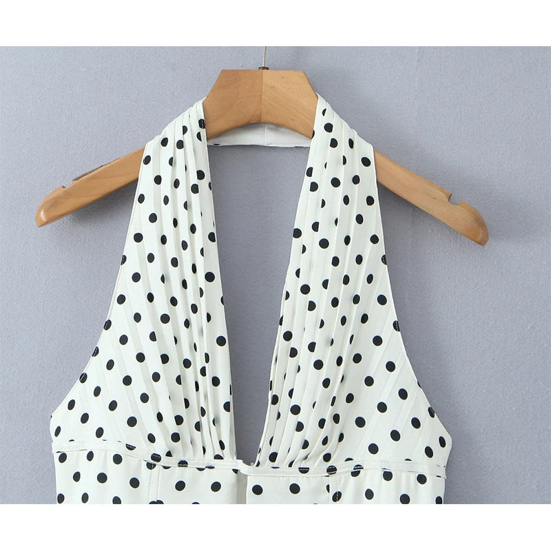 YENKYE Vestido retro de lunares estilo francés con cuello halter en V profundo para mujer, sexy sin espalda, corte A, ajustado, dulce, elegante, minivestidos de verano