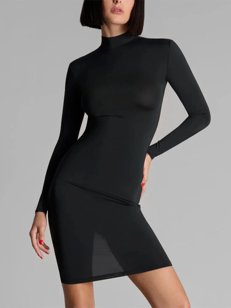 Vestido midi ajustado de verano para mujer, sexy, con inserciones de malla transparente, manga larga, cuello alto, negro, bodycon, para fiesta