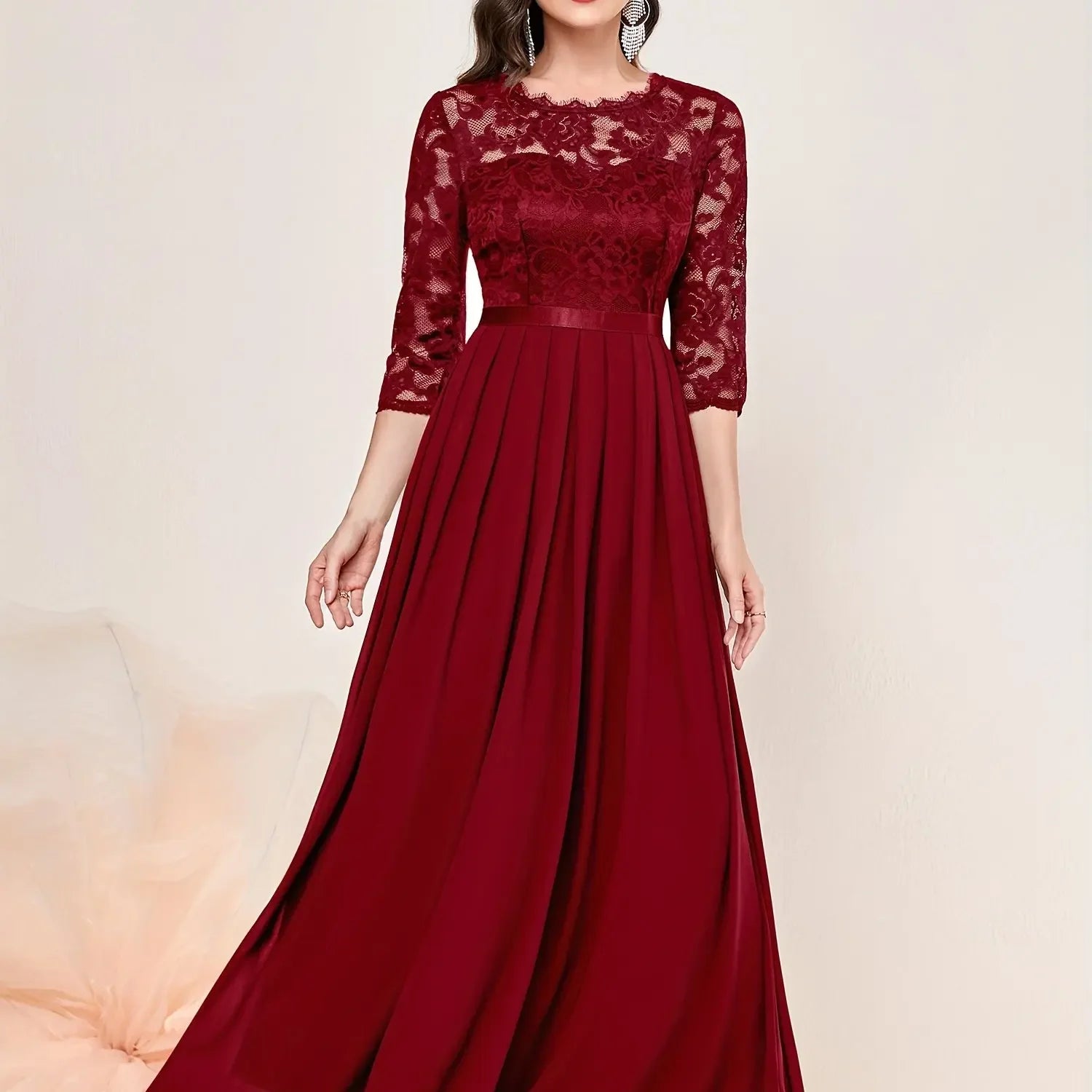 Elegant 3/4 Sleeve Lace Evening Gown - Formal A-Line Chiffon Wedding Guest Maxi Mother of the Bride Dress