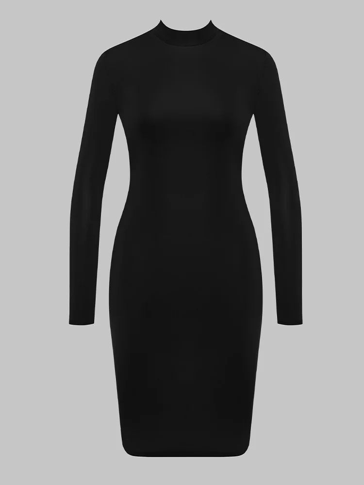 Vestido midi ajustado de verano para mujer, sexy, con inserciones de malla transparente, manga larga, cuello alto, negro, bodycon, para fiesta