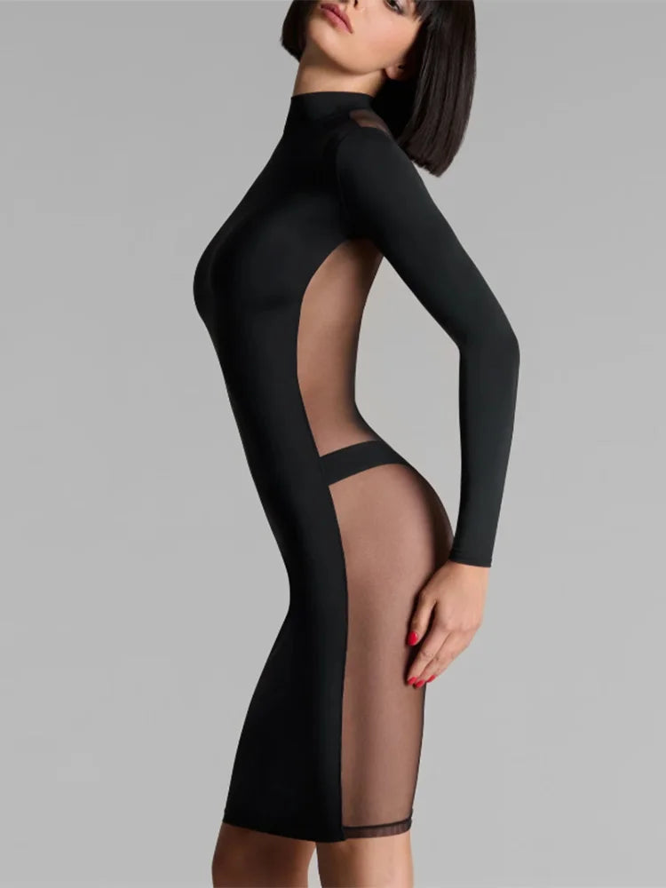 Vestido midi ajustado de verano para mujer, sexy, con inserciones de malla transparente, manga larga, cuello alto, negro, bodycon, para fiesta