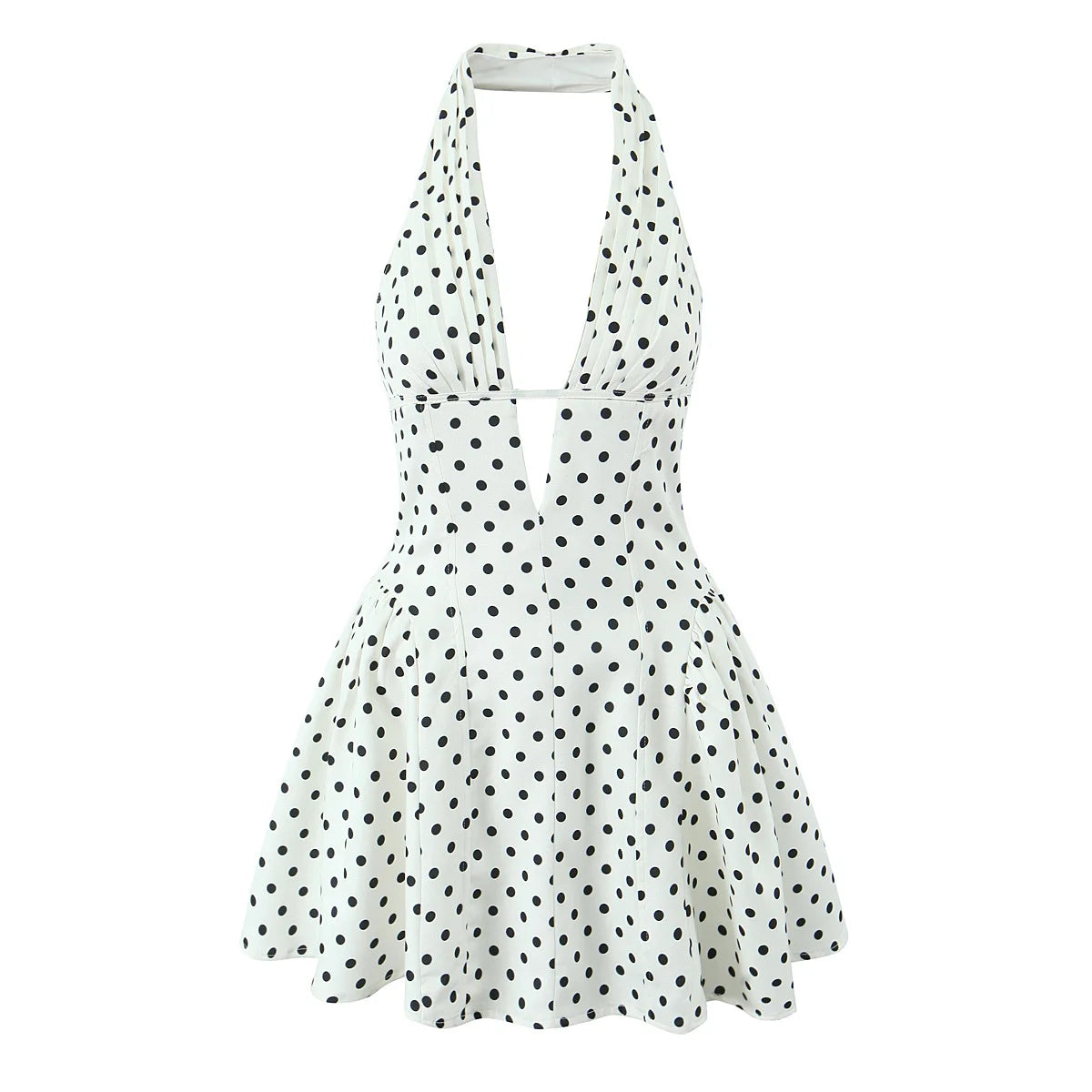 YENKYE Vestido retro de lunares estilo francés con cuello halter en V profundo para mujer, sexy sin espalda, corte A, ajustado, dulce, elegante, minivestidos de verano