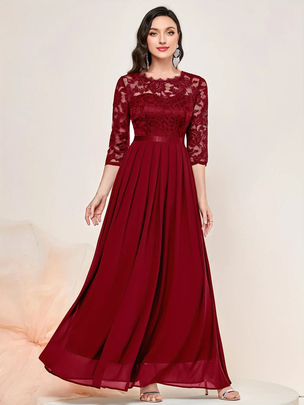 Elegant 3/4 Sleeve Lace Evening Gown - Formal A-Line Chiffon Wedding Guest Maxi Mother of the Bride Dress